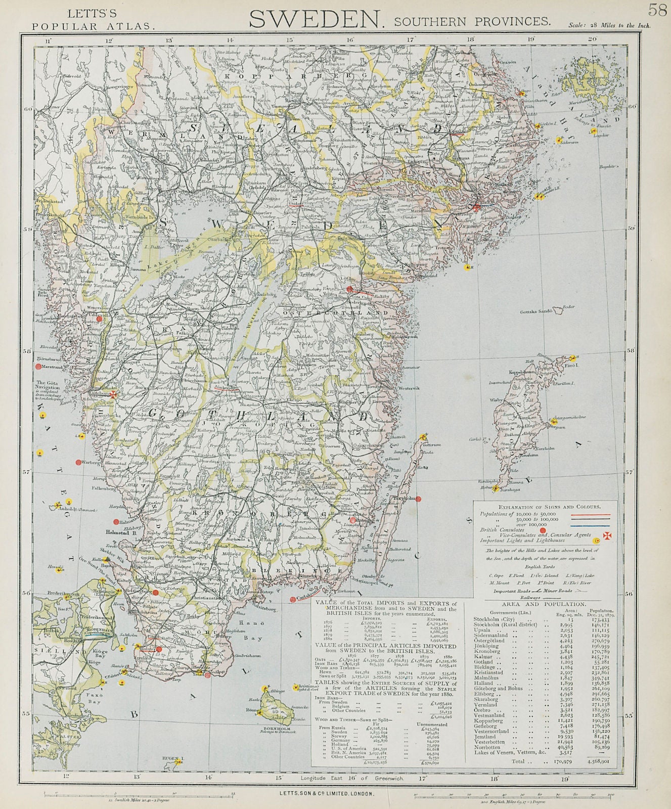 SOUTHERN SWEDEN. Lighthouses & Railways. Malmo Gothenburg. LETTS 1884 old map